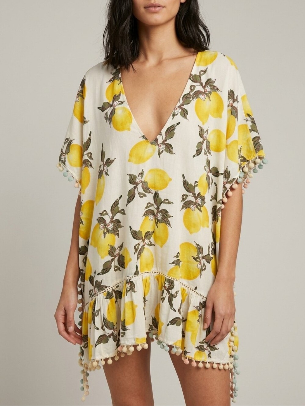 Moon Orchid Lemon Print Pom-Pom Trim Poncho NWOT ONE SIZE